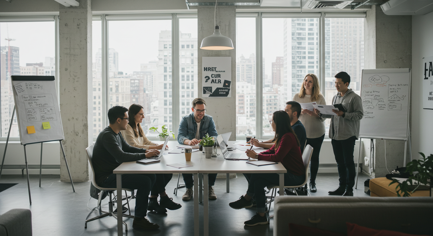 Réunion d’équipe dans un bureau moderne dédiée à la maintenance préventive à Fès, planifiant les actions techniques et les stratégies de performance pour assurer la continuité des services numériques.