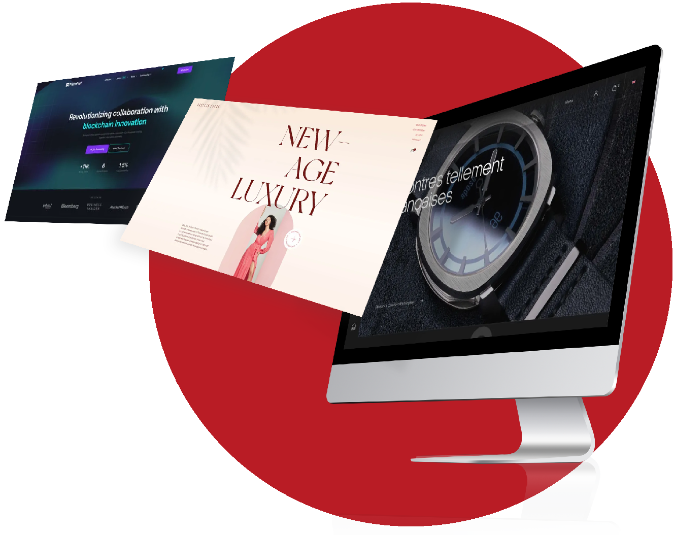 Écrans affichant divers projets de création de site web, incluant des designs modernes