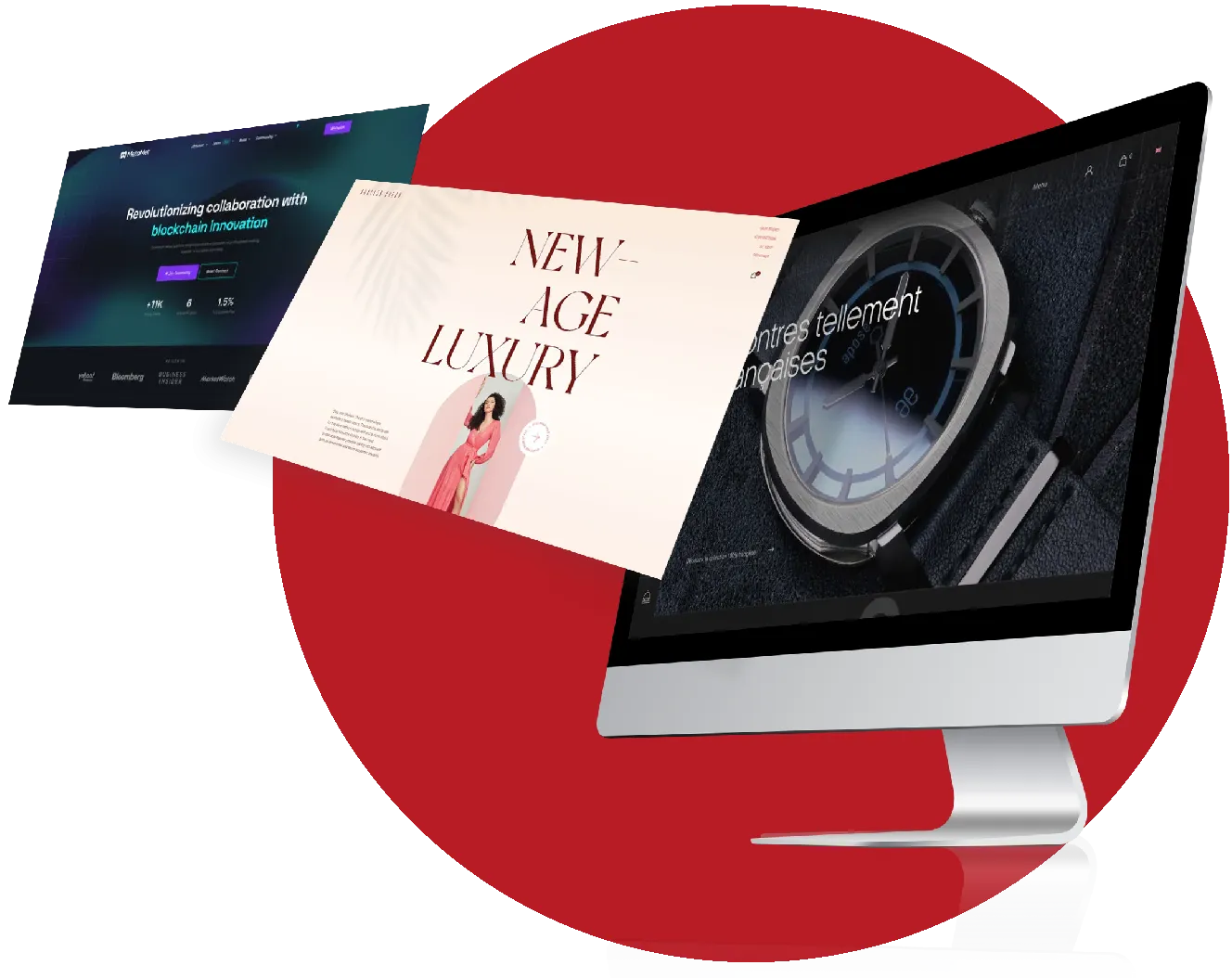 Écrans affichant divers projets de création de site web, incluant des designs modernes