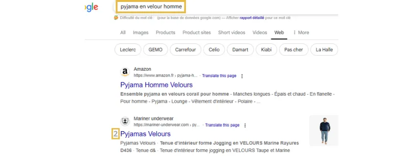Capture d’écran des résultats Google pour la recherche 'pyjama en velours homme'. Un site client apparaît en deuxième position, mettant en avant un produit de mode pour homme. Ce classement illustre l’efficacité des stratégies SEO mises en place par l’agence pour l’e-commerce