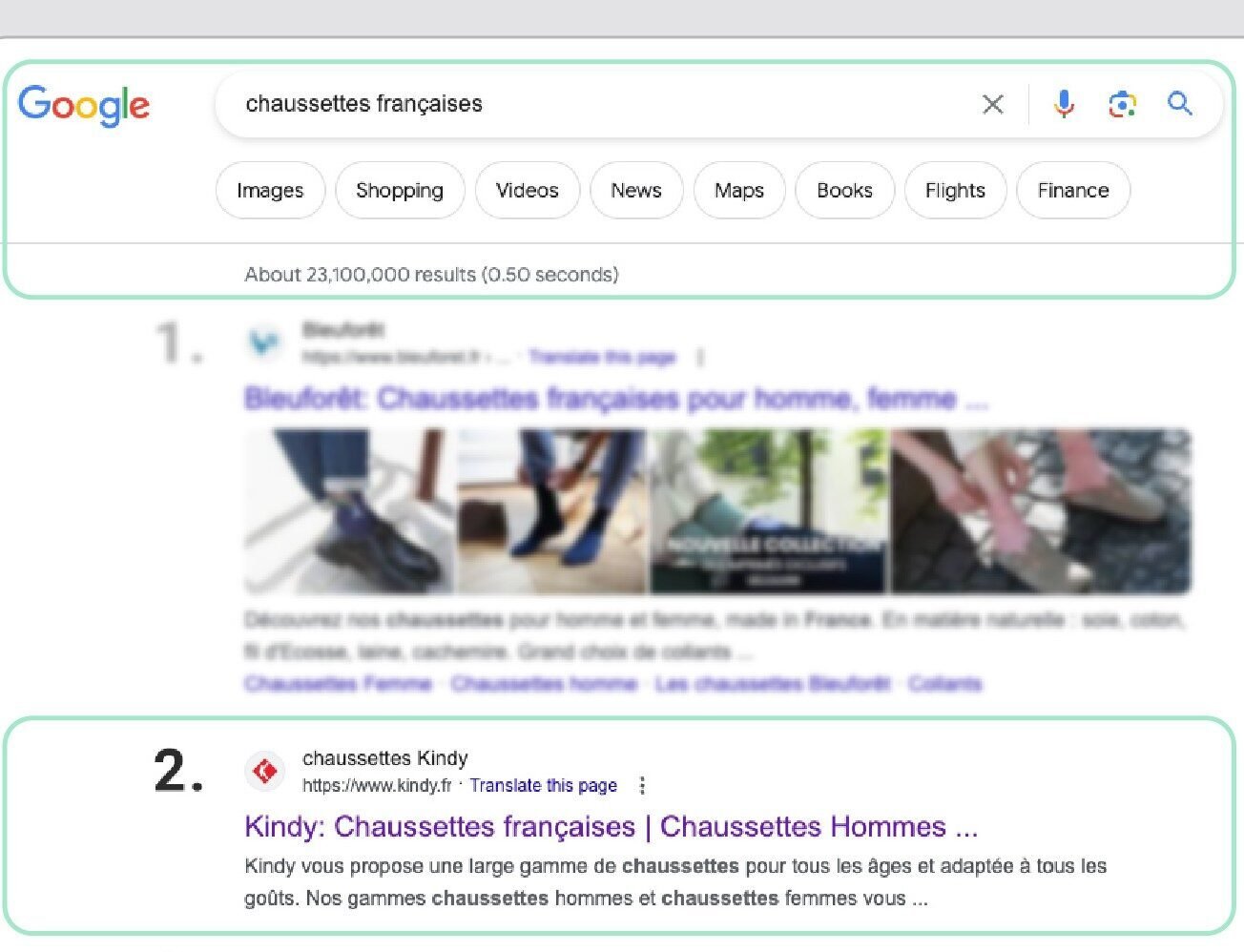 Résultat SEO Google : Kindy en première page pour le mot-clé chaussettes françaises grâce à la stratégie de référencement Rhillane