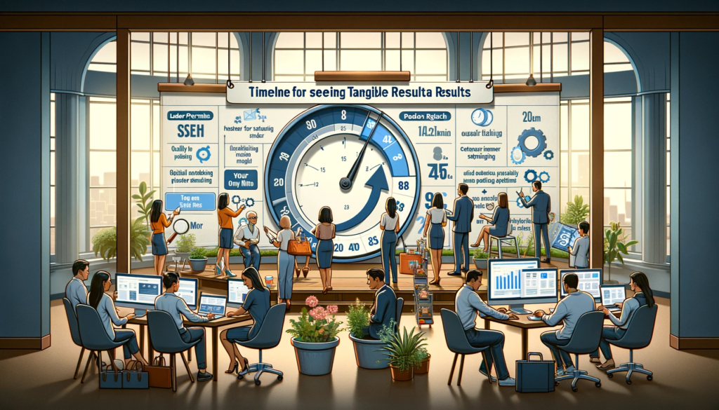 le délai pour observer des résultats tangibles en marketing digital, montrant une équipe travaillant sur différentes stratégies, avec un calendrier symbolisant le cadre temporel typique pour voir des résultats.