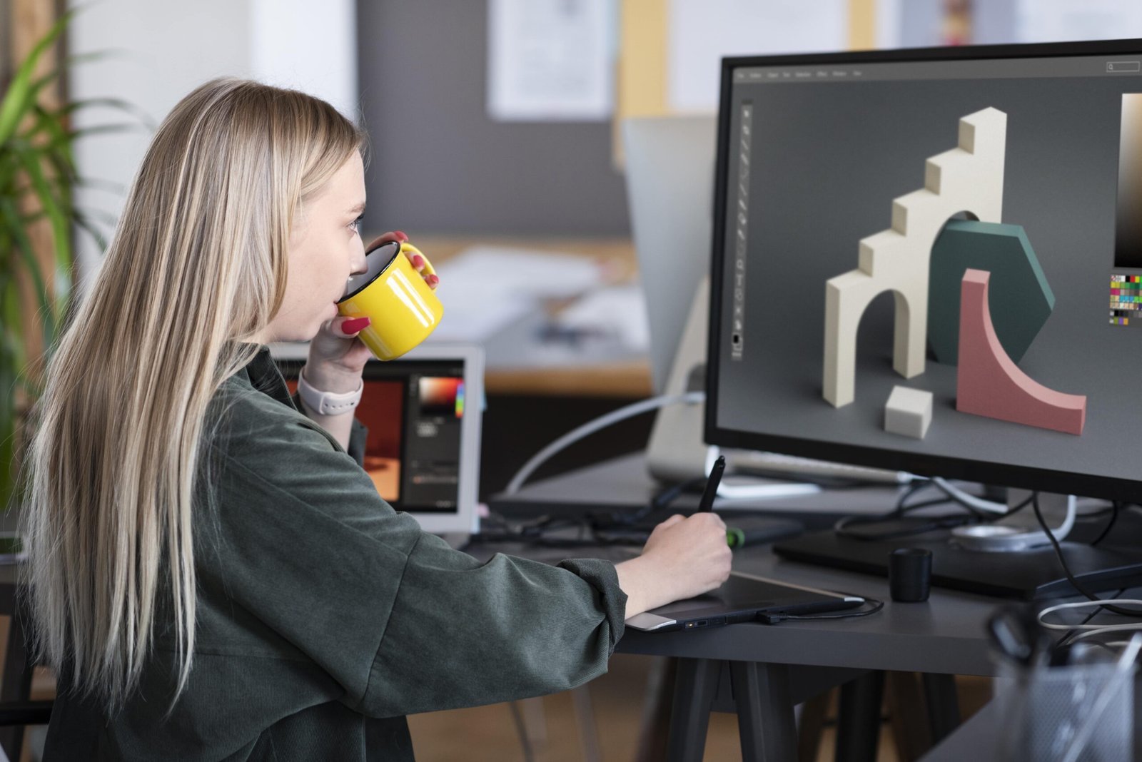 Jeune femme modifiant son projet de motion design tout en buvant du café, concentrée devant son ordinateur.