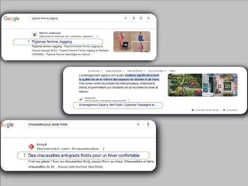 Résultats de recherche Google sur un smartphone et un ordinateur portable, montrant divers sites Web optimisés par notre agence de création de site web pour les moteurs de recherche