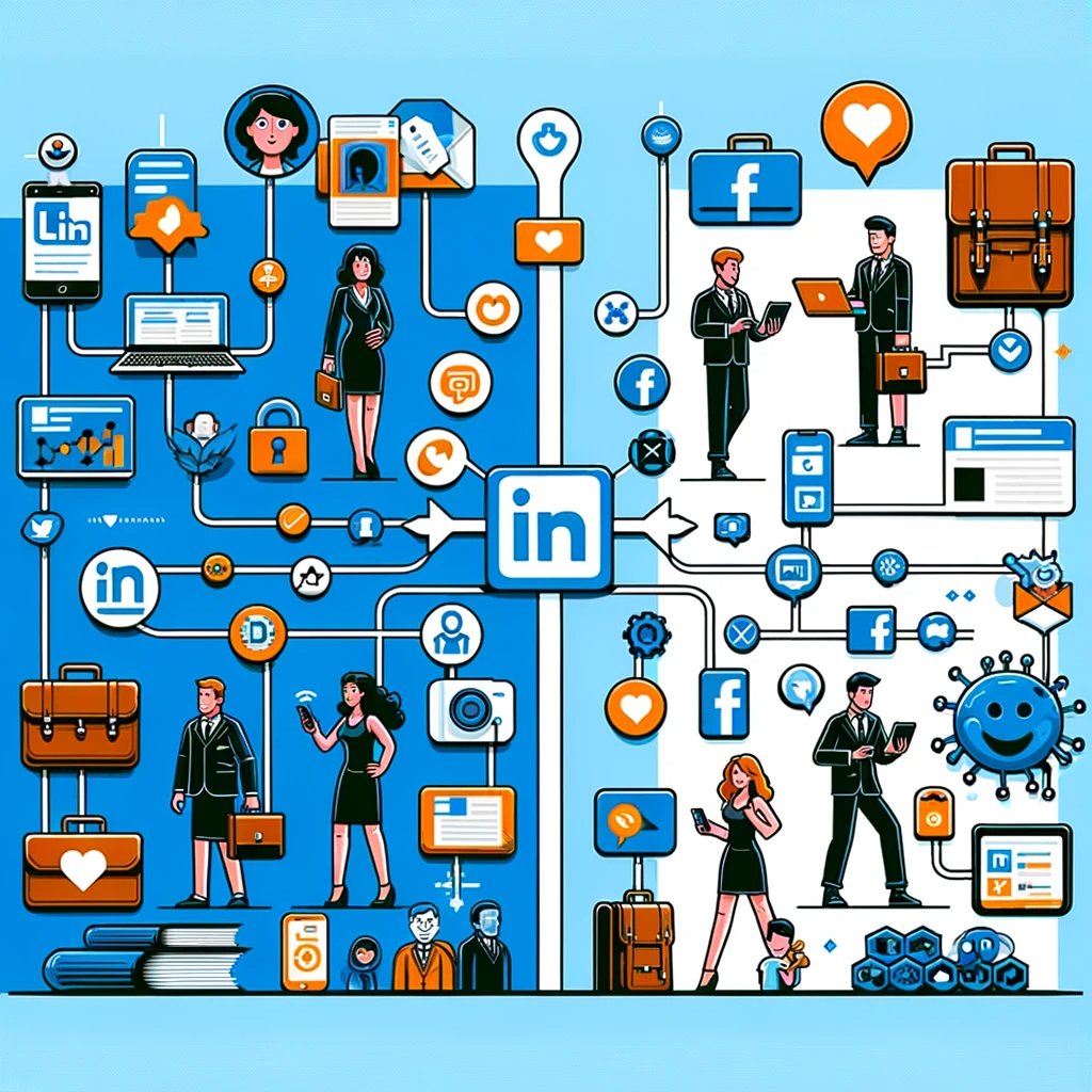 LinkedIn Ads vs Facebook Ads. une illustration colorée qui compare visuellement les réseaux LinkedIn et Facebook. On y voit des icônes et des personnages stylisés associés à chaque plateforme. Du côté de LinkedIn, il y a des éléments professionnels comme des mallettes, des graphiques et des icônes de réseautage. Sur la partie Facebook, on trouve des icônes plus orientées vers le social et le partage communautaire, comme des cœurs et des personnes en interaction. 