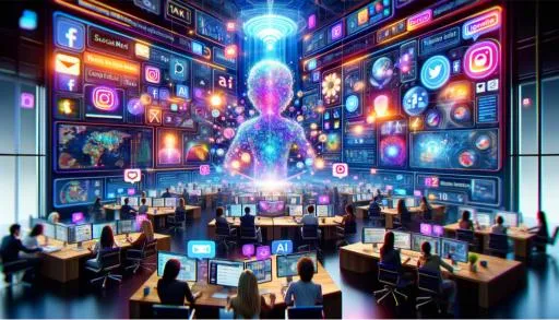 Intelligence artificielle : Guide pratique pour le futur du marketing 6 futur du marketing l'intégration de l'IA avec les réseaux sociaux dans le marketing digital. Elle présente un hub de médias sociaux animé où la technologie IA est utilisée pour améliorer les expériences utilisateur sur des plateformes telles que Facebook, Instagram, Twitter et LinkedIn.