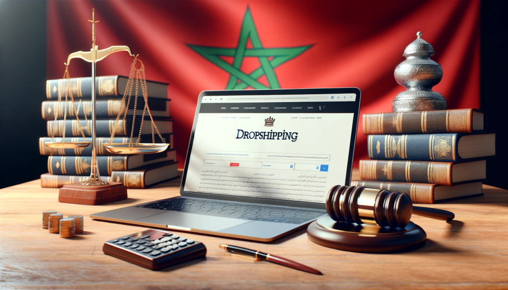 aspect légal du dropshipping Maroc avec drapeau, balance de justice, ordinateur et maillet 

