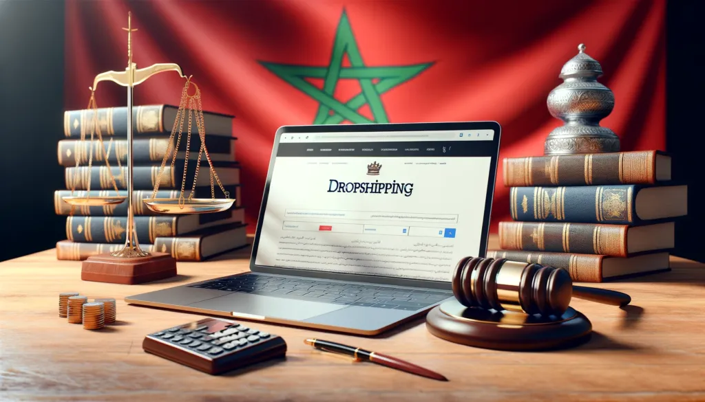 Dropshipping Maroc en 2025 / 2026 : Guide Complet pour Réussir dans le Commerce en Ligne 1 aspect légal du dropshipping Maroc avec drapeau, balance de justice, ordinateur et maillet