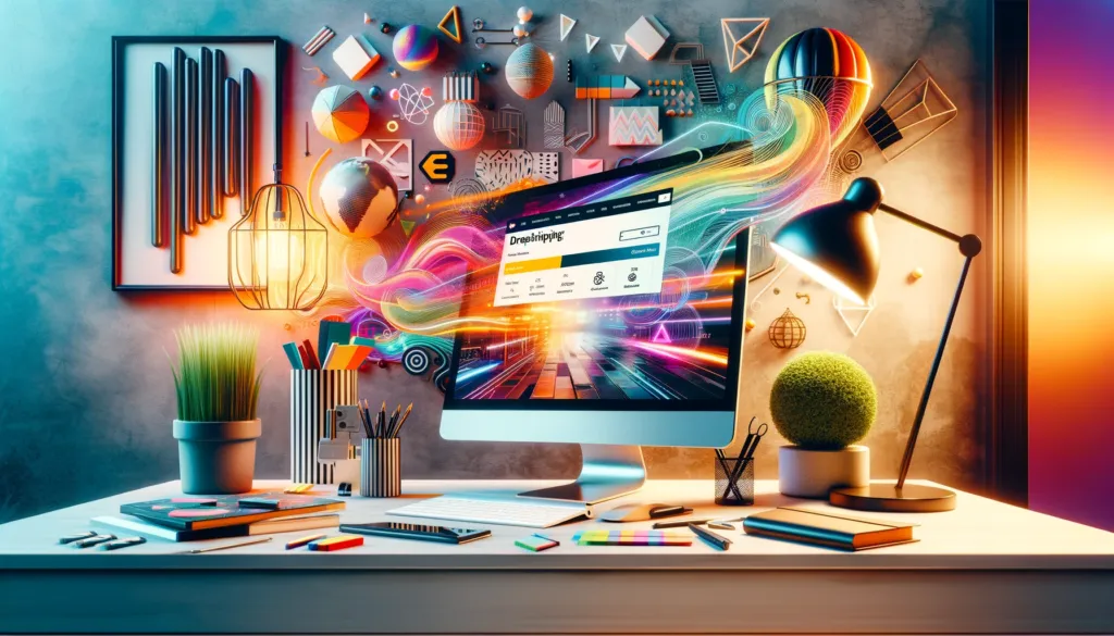 Dropshipping Maroc en 2025 / 2026 : Guide Complet pour Réussir dans le Commerce en Ligne 3 un bureau moderne pour une entreprise de dropshipping Maroc, avec un ordinateur affichant une boutique en ligne et divers accessoires de design.