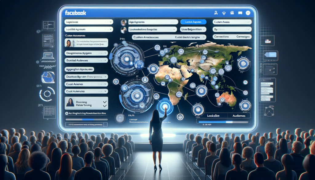LinkedIn Ads vs Facebook Ads. une spécialiste du marketing numérique utilisant les capacités de ciblage avancées de Facebook Ads. On y voit un grand écran interactif qui affiche une carte du monde, où le marketeur sélectionne des zones géographiques spécifiques pour le ciblage publicitaire. L'écran montre également des filtres démographiques et des profils d'utilisateurs, illustrant les concepts d'audiences similaires et d'audiences personnalisées basées sur des données CRM et d'autres sources. 