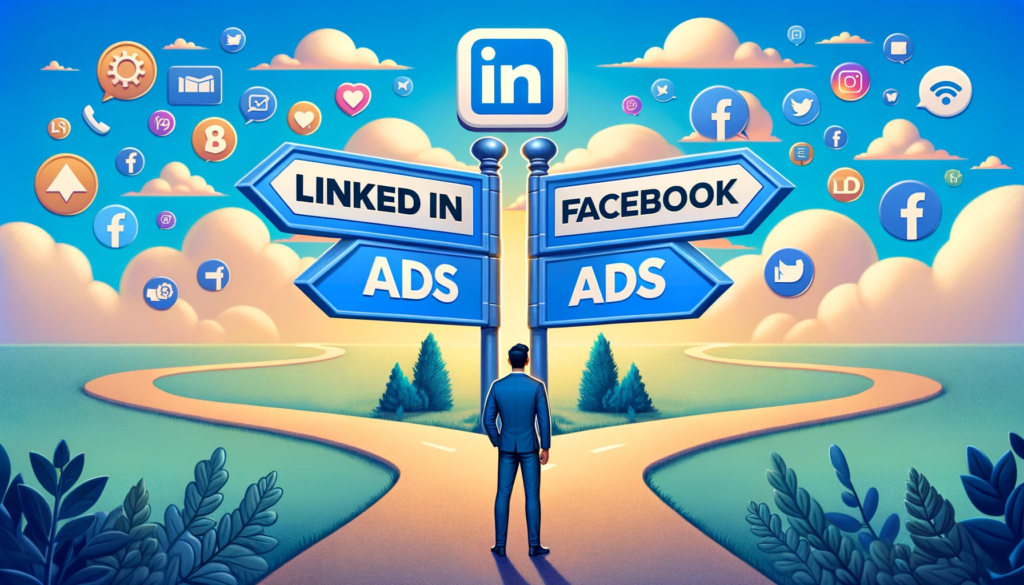 LinkedIn Ads vs Facebook Ads. un marketeur à un carrefour, face à deux panneaux indicateurs : l'un pour LinkedIn Ads, dans des tons de bleu professionnel avec des icônes de réseautage d'affaires, et l'autre pour Facebook Ads, dans des couleurs plus décontractées symbolisant une cible d'audience plus large et une interaction sociale. Des nuages à l'effigie des logos de LinkedIn et Facebook flottent au-dessus, représentant la réflexion du marketeur sur le choix de la plateforme publicitaire adaptée à sa stratégie.