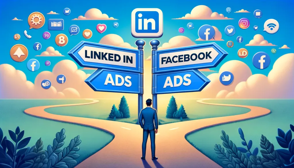 LinkedIn Ads vs Facebook Ads. un marketeur à un carrefour, face à deux panneaux indicateurs : l'un pour LinkedIn Ads, dans des tons de bleu professionnel avec des icônes de réseautage d'affaires, et l'autre pour Facebook Ads, dans des couleurs plus décontractées symbolisant une cible d'audience plus large et une interaction sociale. Des nuages à l'effigie des logos de LinkedIn et Facebook flottent au-dessus, représentant la réflexion du marketeur sur le choix de la plateforme publicitaire adaptée à sa stratégie.