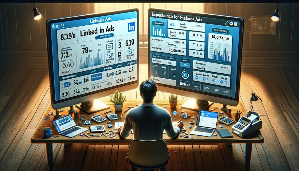 LinkedIn Ads vs Facebook Ads,  un marketeur analysant des données sur deux écrans, l'un avec l'interface de LinkedIn Ads et l'autre avec celle de Facebook Ads. Les écrans affichent des graphiques et des statistiques sur les taux de conversion, les leads et le ROI, aidant le marketeur à évaluer l'efficacité des deux plateformes pour des campagnes publicitaires.