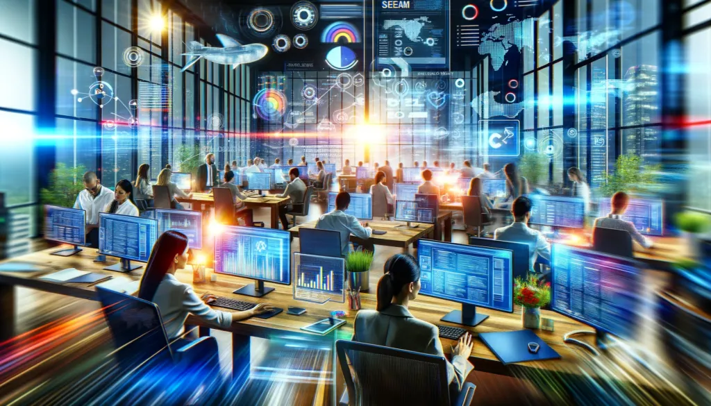 Intelligence artificielle : Guide pratique pour le futur du marketing 3 futur du marketing le monde en évolution du SEO dans le marketing digital, montrant une agence SEO moderne et dynamique où une équipe diversifiée de professionnels du marketing travaille à optimiser la visibilité des sites web sur les moteurs de recherche. Ils sont entourés d'écrans numériques affichant des pages de résultats de moteurs de recherche (SERPs), des analyses de mots-clés et des profils de backlinks, soulignant la nature continue et adaptative du travail SEO.