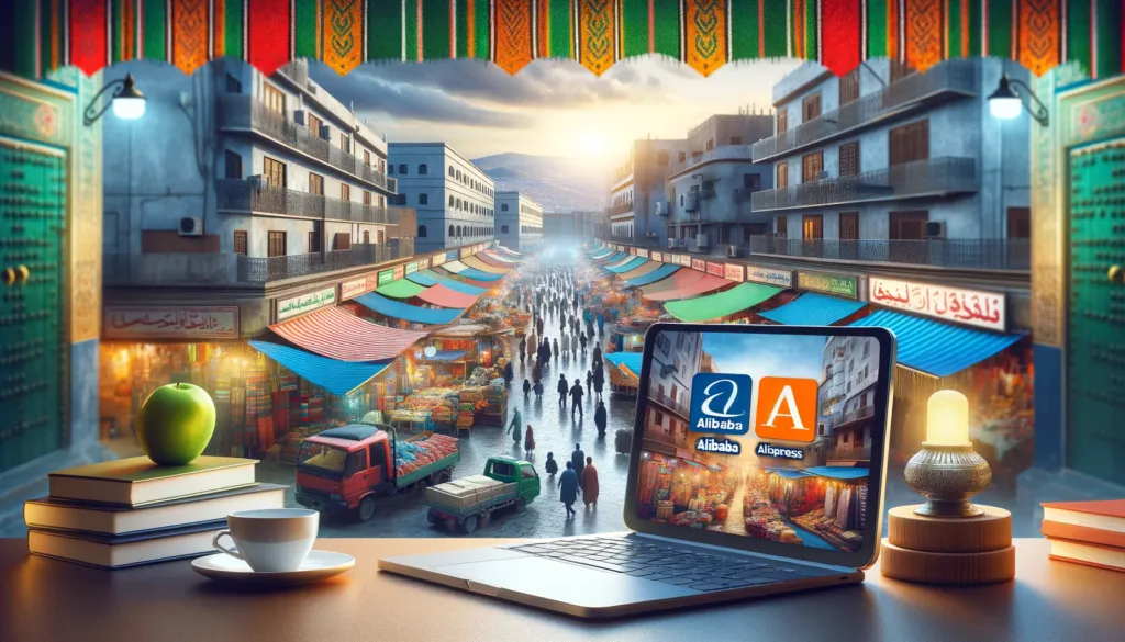 Dropshipping Maroc en 2025 / 2026 : Guide Complet pour Réussir dans le Commerce en Ligne 4 les principaux fournisseurs pour le dropshipping Maroc, tels qu'Alibaba et AliExpress, avec un marché marocain en arrière-plan.