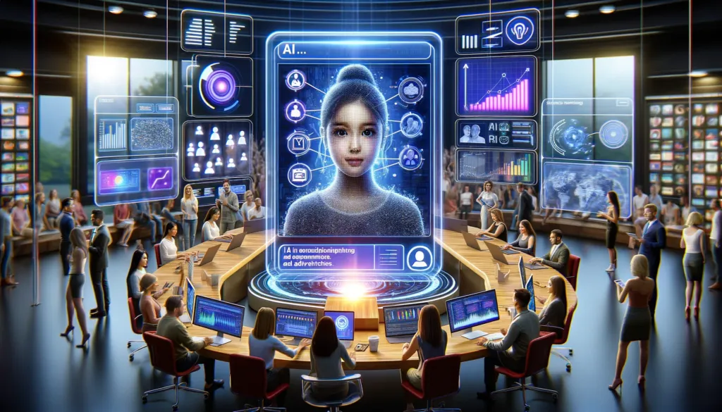 Intelligence artificielle : Guide pratique pour le futur du marketing 5 futur du marketing le rôle de l'intelligence artificielle dans la création de publicités personnalisées. Elle montre un cadre de marketing digital avancé où des professionnels utilisent des outils pilotés par l'IA pour analyser les données des utilisateurs et élaborer des campagnes publicitaires sur mesure. Un grand écran affiche un profil utilisateur avec des points de données indiquant ses intérêts, besoins et préférences, mettant en évidence comment l'IA permet une compréhension approfondie de chaque utilisateur pour des publicités hautement personnalisées et efficaces.