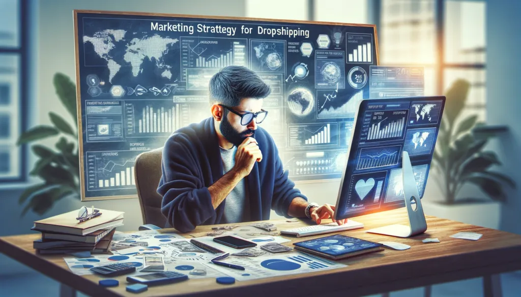 Dropshipping Maroc en 2025 / 2026 : Guide Complet pour Réussir dans le Commerce en Ligne 5 une stratégie de marketing pour le dropshipping Maroc, avec un homme analysant des données.