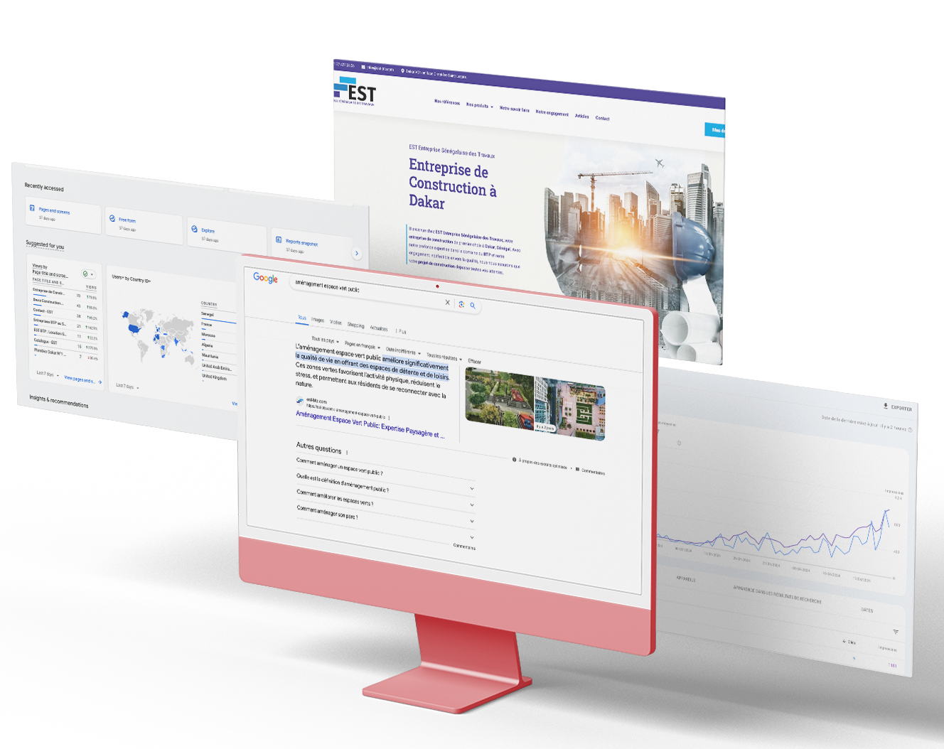 Interface d'optimisation SEO et analyse de référencement pour un site web d'entreprise de construction à Dakar. Affichage des résultats Google, courbes de performance et suivi du positionnement pour une meilleure visibilité en ligne