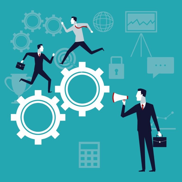 Des personnes marchent sur des engrenages illustrant l'automatisation du marketing.