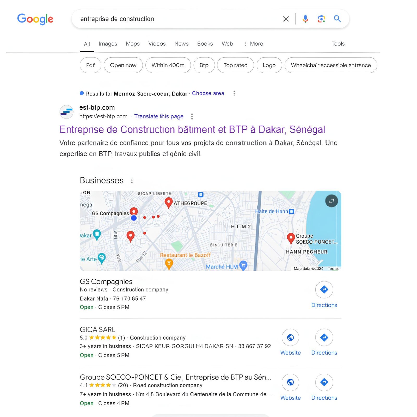 Les positions des pages web d'une entreprise dans les résultats de Google