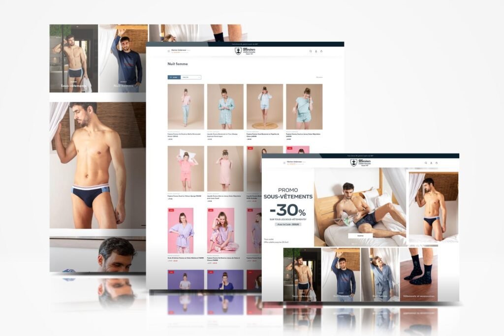 Interface de plusieurs pages de sites web développées par notre agence web marseille, présentant une boutique en ligne de vêtements pour hommes et femmes