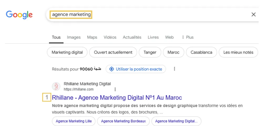 Capture d’écran des résultats Google pour la requête "Agence Marketing" montrant Rhillane Marketing Digital en première position.