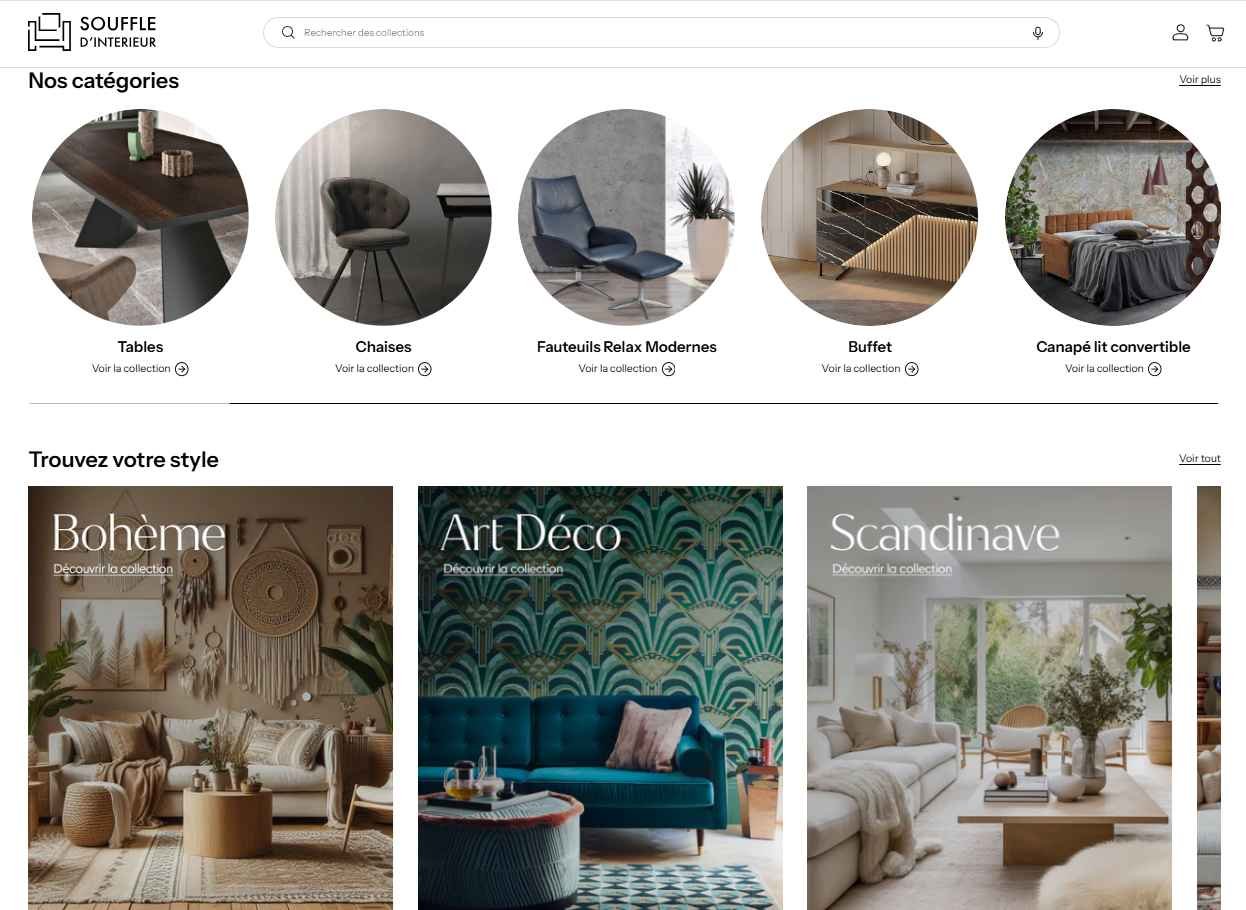 Page d’accueil d’un site e-commerce conçu par une agence de création site web Dakar. Interface moderne et intuitive mettant en avant des catégories de mobilier : tables, chaises, fauteuils relax, buffets et canapés-lits convertibles. Une section "Trouvez votre style" propose des ambiances décoratives Bohème, Art Déco et Scandinave, optimisant l’expérience utilisateur et la conversion