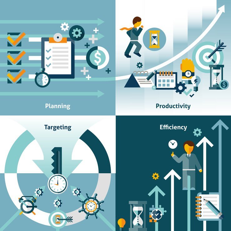 Illustration représentant les concepts clés du développement digital, incluant la planification, la productivité, le ciblage et l’efficacité à travers des visuels dynamiques et modernes.