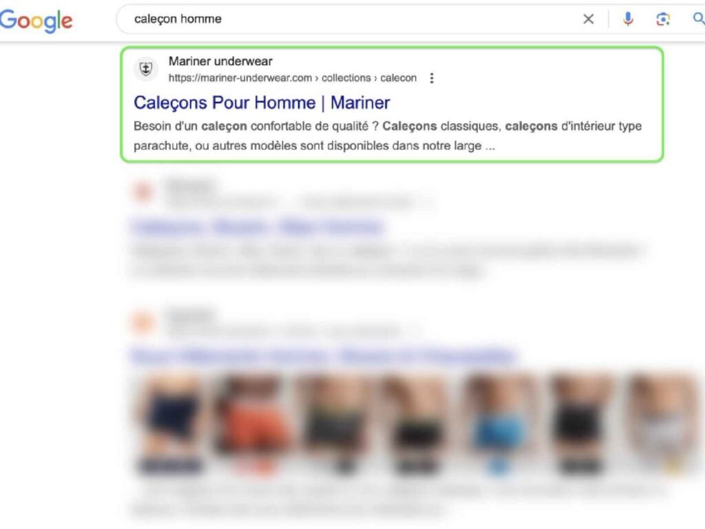 Capture d'écran d'une recherche Google pour "caleçon homme". Le premier résultat affiché en haut de la page (entouré en vert) est un lien vers le site Mariner Underwear, avec le titre "Caleçons Pour Homme | Mariner" et une meta description optimisée mentionnant différents types de caleçons disponibles.