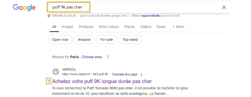 Capture d’écran des résultats Google pour la recherche 'puff 9k pas cher'. Un site client se classe en première position sur un marché très concurrentiel, prouvant l'excellence de l’optimisation SEO appliquée par l’agence