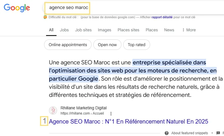 "Capture d’écran des résultats Google pour la recherche 'agence SEO Maroc'. Le site 'Rhillane Marketing Digital' apparaît en première position avec un extrait décrivant l’agence comme une entreprise spécialisée dans l’optimisation des sites web pour les moteurs de recherche, notamment Google. Le titre affiché mentionne 'Agence SEO Maroc : N°1 En Référencement Naturel En 2025