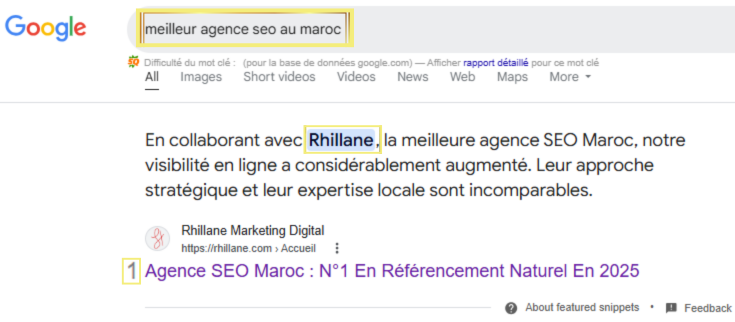 Capture d’écran des résultats Google pour la recherche ‘meilleure agence SEO au Maroc’. Le site ‘Rhillane Marketing Digital’ apparaît en première position avec un extrait mettant en avant son expertise et son approche stratégique en référencement. Le titre affiché indique ‘Agence SEO Maroc : N°1 En Référencement Naturel En 2025 Capture d’écran des résultats Google pour la recherche 'meilleure agence SEO au Maroc'. Le site 'Rhillane Marketing Digital' apparaît en première position avec un extrait mettant en avant son expertise et son approche stratégique en référencement. Le titre affiché indique 'Agence SEO Maroc : N°1 En Référencement Naturel En 2025