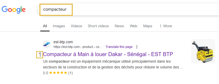 Capture d’écran des résultats Google pour la recherche ‘compacteur’. Un site client spécialisé en BTP est positionné en première place, démontrant la capacité de l’agence à classer ses clients même dans des secteurs industriels spécifiques Capture d’écran des résultats Google pour la recherche 'compacteur'. Un site client spécialisé en BTP est positionné en première place, démontrant la capacité de l’agence à classer ses clients même dans des secteurs industriels spécifiques
