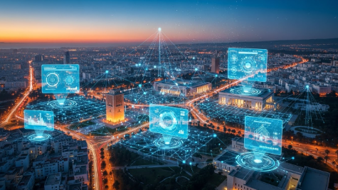 Vue aérienne nocturne de Rabat avec interfaces numériques futuristes illustrant Rabat Smart City: Digitalisation, Innovation et Participation Citoyenne.