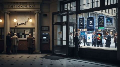 Intérieur d’une institution financière traditionnelle avec des clients au guichet, contrastant avec l’extérieur où des utilisateurs interagissent avec des interfaces numériques de fintechs, illustrant la différence entre institution financière vs fintechs.