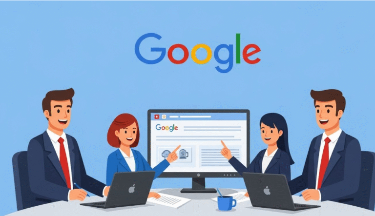 Équipe en réunion devant un écran affichant Google, travaillant sur une stratégie seo bancaire maroc pour optimiser la visibilité en ligne et améliorer le classement des services financiers.