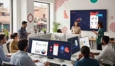 Équipe de professionnels analysant des tableaux de bord numériques et des applications mobiles dans un bureau moderne, illustrant la transformation digitale des banques marocaines digital et l’évolution des services financiers au Maroc.