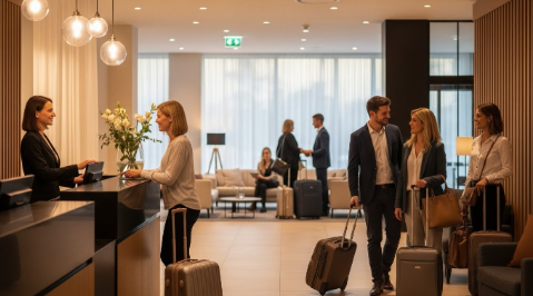 Hall d’hôtel moderne et chaleureux avec des voyageurs arrivant et un personnel accueillant, illustrant une hausse du taux d’occupation même en basse saison.