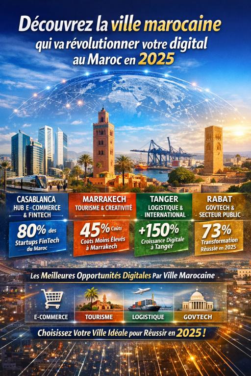 Illustration digitale montrant Casablanca, Marrakech, Tanger et Rabat connectées par un réseau numérique lumineux, symbolisant les villes marocaines clés de la transformation digitale au Maroc en 2025.