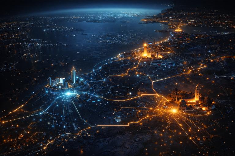 Carte du Maroc en vue nocturne avec des connexions numériques reliant Casablanca, Rabat, Tanger et Marrakech, symbolisant les stratégies SEO et la domination des entreprises marocaines sur Google en 2025.