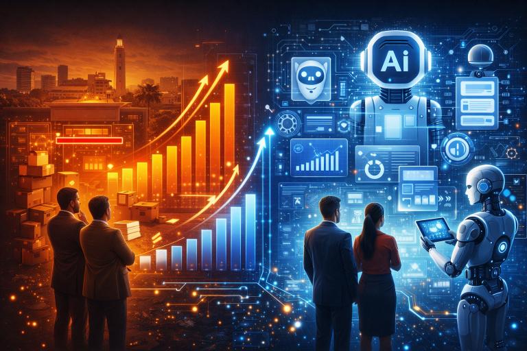 Illustration comparative montrant deux entreprises marocaines en 2025 : à gauche une organisation traditionnelle dépassée, à droite une entreprise digitalisée utilisant l’intelligence artificielle, l’automatisation et les outils digitaux pour accélérer sa croissance et attirer plus de clients.