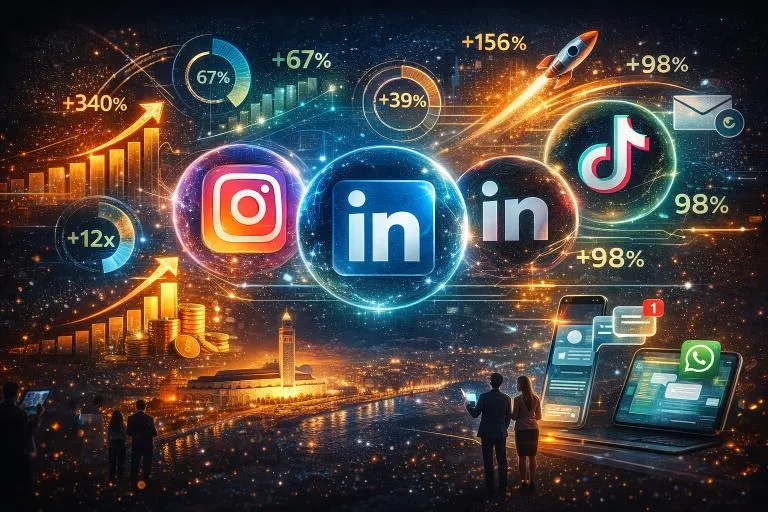 Illustration futuriste montrant Facebook, Instagram, LinkedIn, TikTok et WhatsApp dominant le paysage des réseaux sociaux au Maroc en 2025, avec des données de croissance, des graphiques digitaux et des utilisateurs analysant les performances marketing.