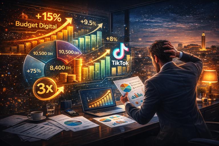 Dirigeant marocain analysant des graphiques holographiques de budgets marketing digital en 2025, comparant ses investissements à ceux de ses concurrents, avec des données sur le SEO, la publicité en ligne, TikTok et la croissance digitale en arrière-plan urbain marocain.