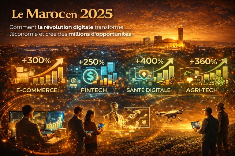 Illustration digitale montrant le Maroc en 2025 avec une skyline urbaine et des secteurs clés e-commerce, fintech, santé digitale et AgriTech reliés par des flux numériques, symbolisant la transformation digitale de l’économie marocaine et la création d’opportunités à grande échelle.