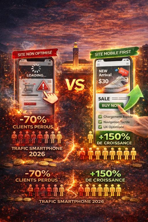 Comparaison visuelle entre un site non optimisé mobile perdant 70 % de clients et un site mobile-first générant +150 % de croissance, sur fond urbain de Casablanca.