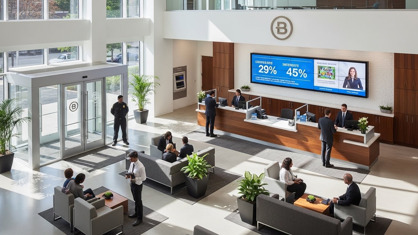 Hall d’accueil moderne d’une institution financière avec clients et conseillers en interaction, illustrant l’univers d’un Site Bancaire Maroc.