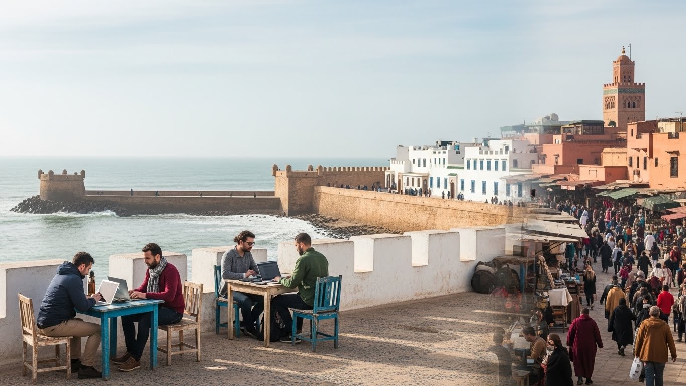 Nomades digitaux travaillant sur une terrasse à Essaouira face à l’océan et aux remparts historiques, contrastant avec l’effervescence d’un souk animé à Marrakech, illustrant la transformation digitale du tourisme marocain.