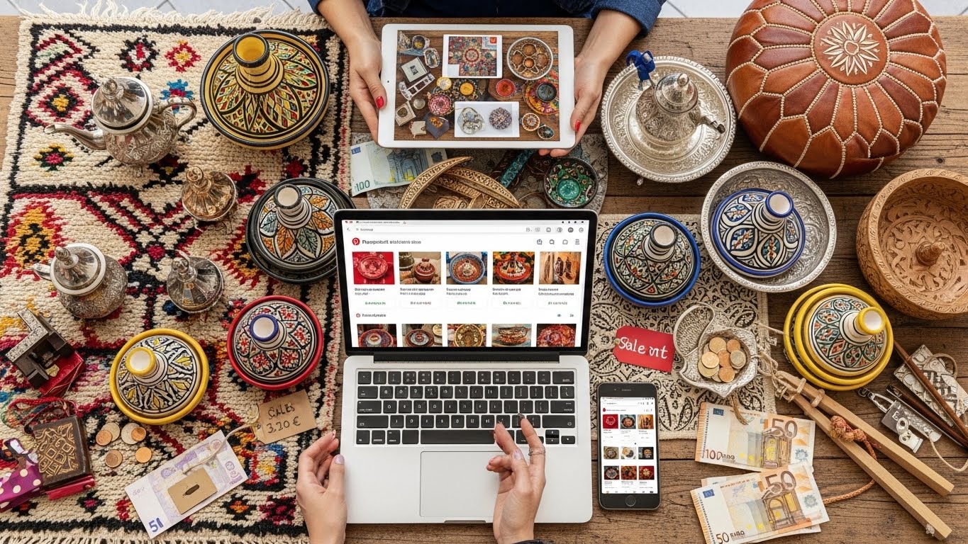 Vue aérienne d’artisanat marocain comprenant des poteries colorées, tapis tissés, théières et objets traditionnels, présentés autour d’un ordinateur portable et d’une tablette affichant une boutique en ligne Pinterest, illustrant comment l’artisanat marocain génère des milliers d’euros de ventes grâce au marketing visuel.
