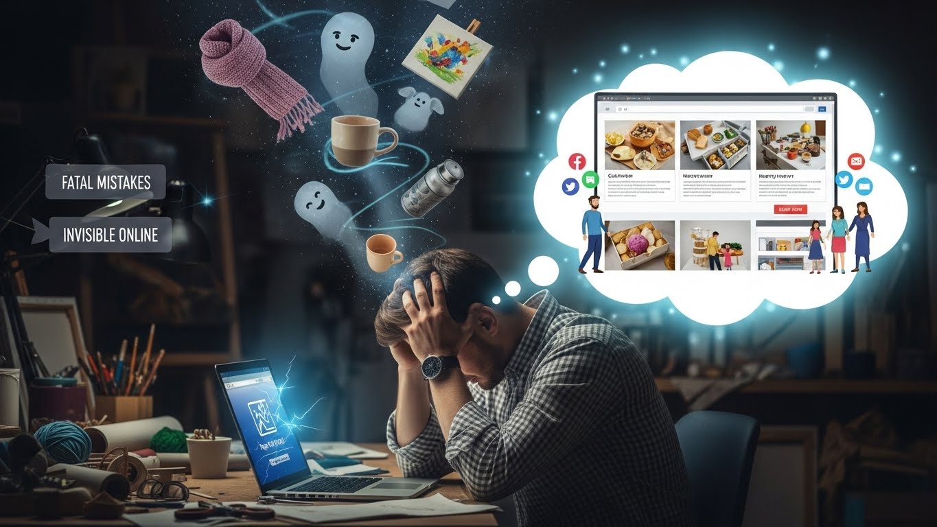 Artisan stressé devant son ordinateur, imaginant les erreurs fatales qui rendent son artisanat invisible en ligne, avec des produits faits main flottant autour de lui et une boutique en ligne illustrant le manque de visibilité numérique.