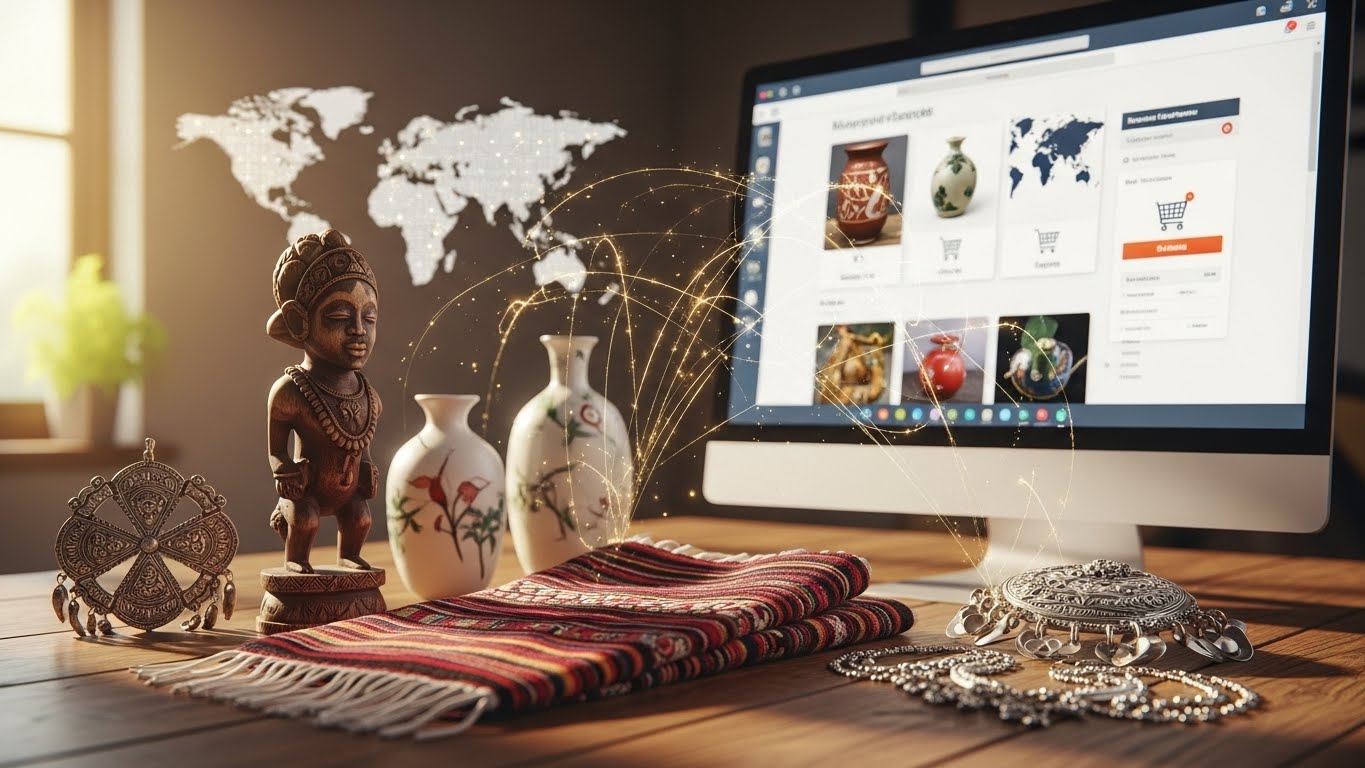 Écran d’ordinateur affichant une boutique e-commerce dédiée à l’artisanat traditionnel, entouré de poteries, bijoux et textiles faits main, avec une carte du monde illustrant l’expansion internationale des artisans grâce au commerce en ligne.